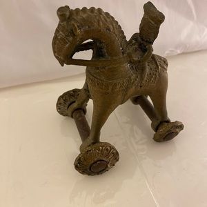 Brass Temple Relic Toy Figurine on Wheels man on horse temple toy